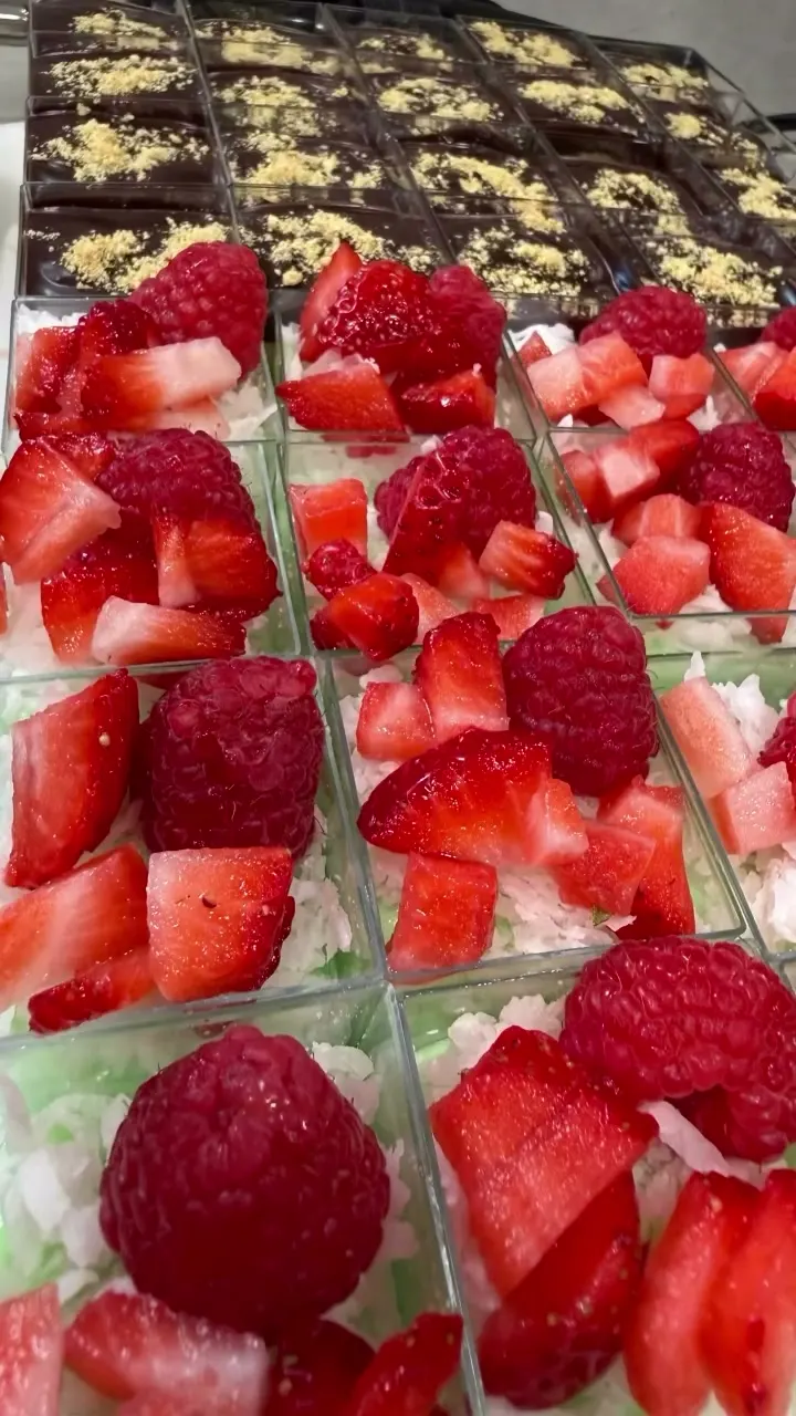 Rows of strawberry cream dessert cups
